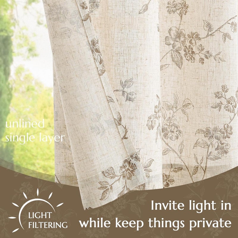 jinchan Floral Kitchen Curtains 36 Inch Linen Tier Curtains Farmhouse Cafe Half Window Drapes Over Sink Light Filtering for Living Room Laundry RV Rod Pocket 2 Panels Taupe on Beige - Image 3